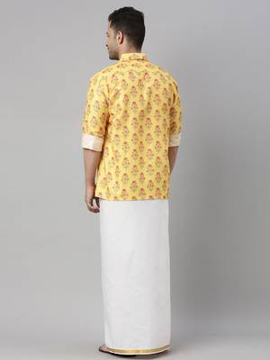  men's multicolor-base-mustard and white muslin blend shirt and mundu 3