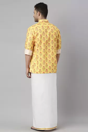  men's multicolor-base-mustard and white muslin blend shirt and mundu