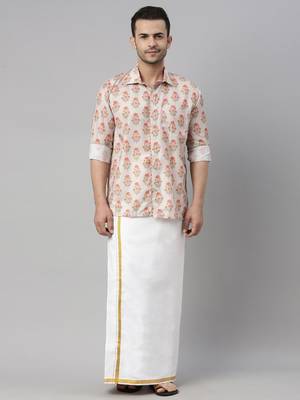  men's multicolor-base-beige and white muslin blend shirt and mundu 1
