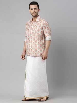  men's multicolor-base-beige and white muslin blend shirt and mundu 2