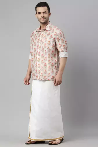  men's multicolor-base-beige and white muslin blend shirt and mundu