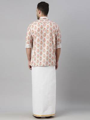  men's multicolor-base-beige and white muslin blend shirt and mundu 3