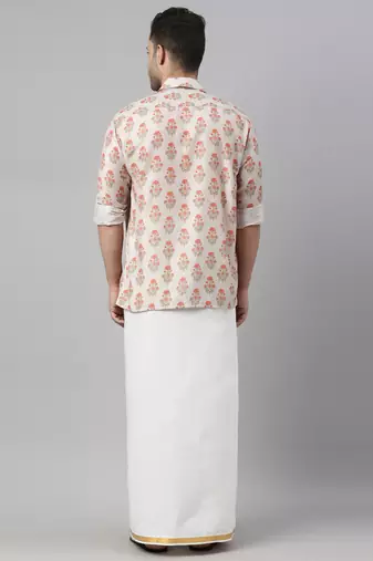  men's multicolor-base-beige and white muslin blend shirt and mundu