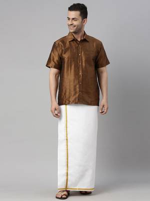  coffee and white silk blend shirt and mundu 1