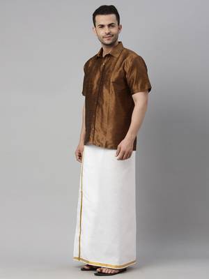  coffee and white silk blend shirt and mundu 2