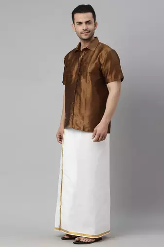  coffee and white silk blend shirt and mundu