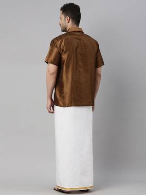  coffee and white silk blend shirt and mundu 3