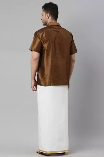  coffee and white silk blend shirt and mundu