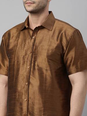  coffee and white silk blend shirt and mundu 4