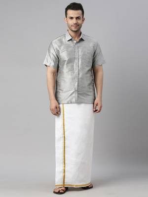  grey and white silk blend shirt and mundu 1