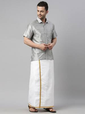  grey and white silk blend shirt and mundu 2