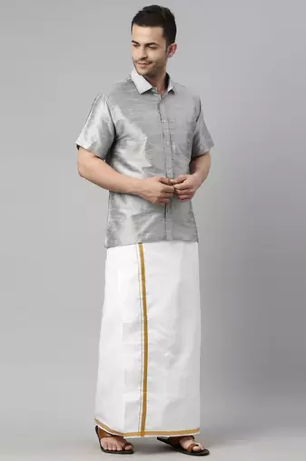  grey and white silk blend shirt and mundu