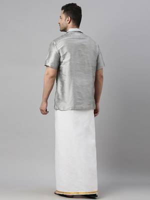  grey and white silk blend shirt and mundu 3
