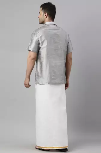  grey and white silk blend shirt and mundu