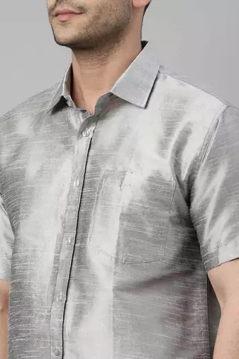 grey and white silk blend shirt and mundu