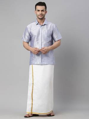  lavander and white silk blend shirt and mundu 1