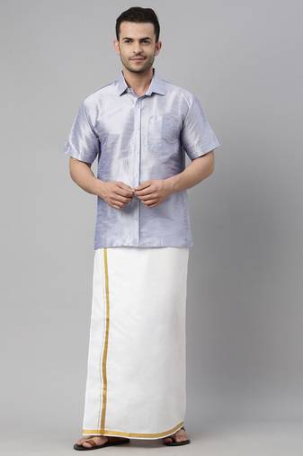  men's lavander and white silk blend shirt and mundu