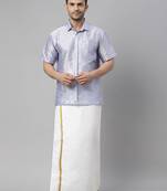 men's lavander and white silk blend shirt and mundu