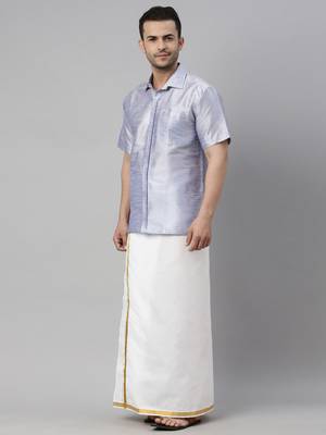  lavander and white silk blend shirt and mundu 2