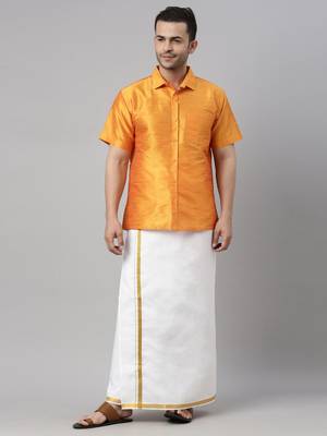 orange silk blend shirt with white mundu for men 1