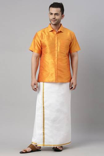  men's orange and white silk blend shirt and mundu