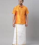  orange and white silk blend shirt and mundu