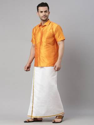 orange silk blend shirt with white mundu for men 2