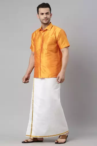  orange and white silk blend shirt and mundu