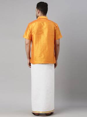 orange silk blend shirt with white mundu for men 3
