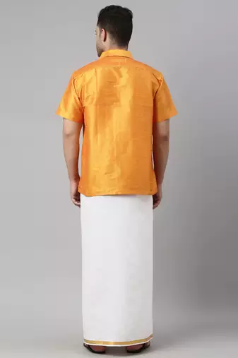  orange and white silk blend shirt and mundu