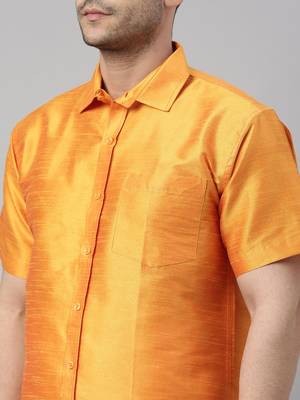 orange silk blend shirt with white mundu for men 4
