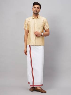 Men'S Gold And White Silk Blend Shirt And Mundu 1