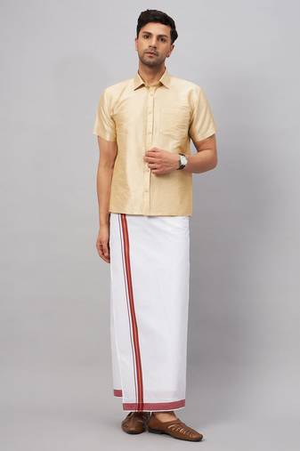 Men'S Gold And White Silk Blend Shirt And Mundu