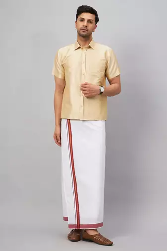 Men'S Gold And White Silk Blend Shirt And Mundu