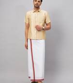Men'S Gold And White Silk Blend Shirt And Mundu