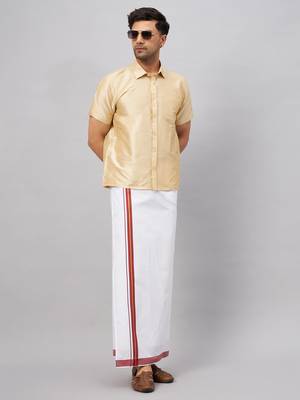 Men'S Gold And White Silk Blend Shirt And Mundu 2