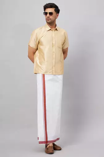 Men'S Gold And White Silk Blend Shirt And Mundu