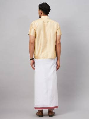 Men'S Gold And White Silk Blend Shirt And Mundu 3
