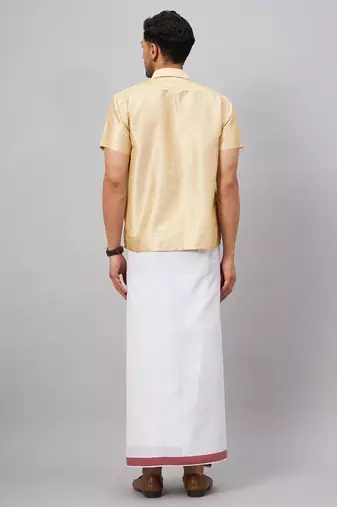 Men'S Gold And White Silk Blend Shirt And Mundu