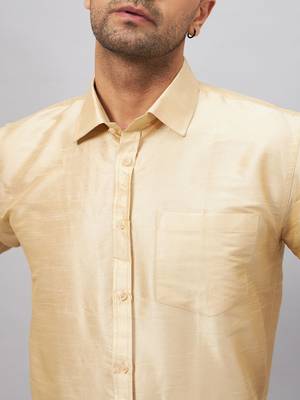 Men'S Gold And White Silk Blend Shirt And Mundu 4