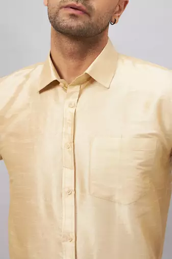 Men'S Gold And White Silk Blend Shirt And Mundu