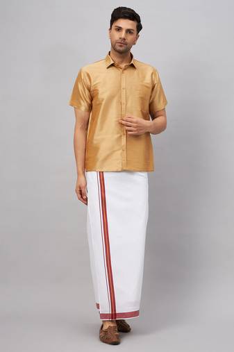Men'S Rose Gold And White Silk Blend Shirt And Mundu