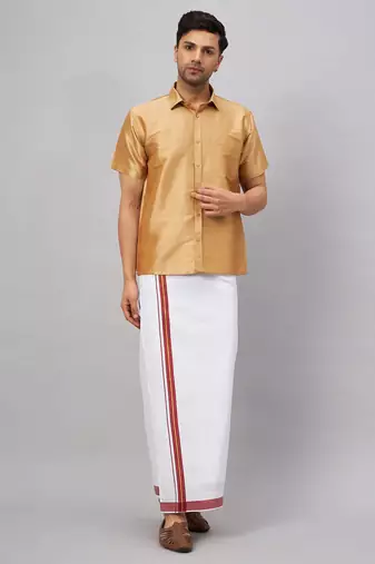 Men'S Rose Gold And White Silk Blend Shirt And Mundu