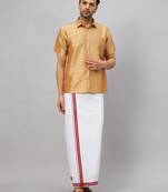 Men'S Rose Gold And White Silk Blend Shirt And Mundu