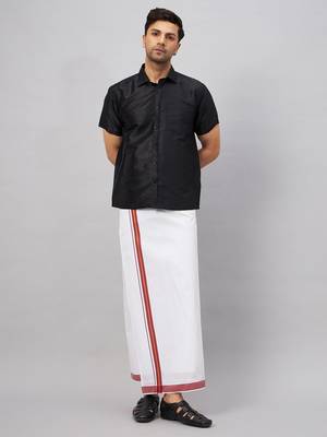 Men'S Black And White Silk Blend Shirt And Mundu 1