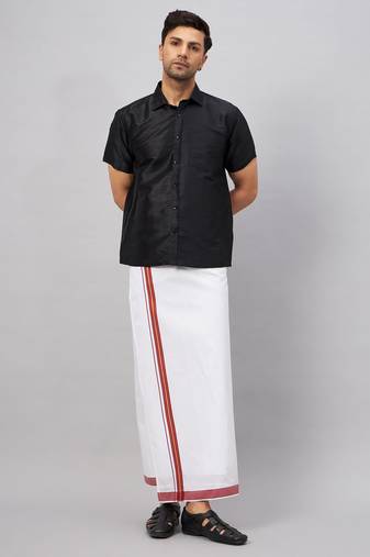 Men'S Black And White Silk Blend Shirt And Mundu