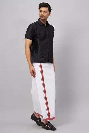 Men'S Black And White Silk Blend Shirt And Mundu
