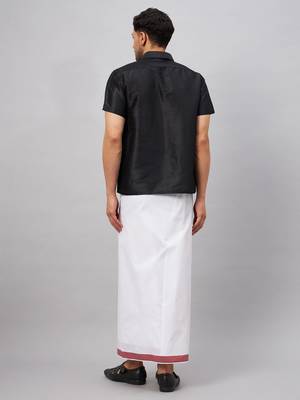 Men'S Black And White Silk Blend Shirt And Mundu 3