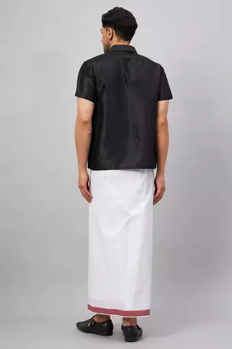 Men'S Black And White Silk Blend Shirt And Mundu