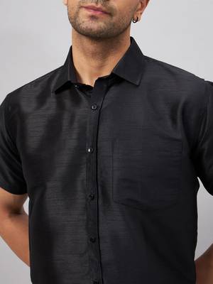 Men'S Black And White Silk Blend Shirt And Mundu 4